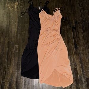 Two cowl neck strapless dresses